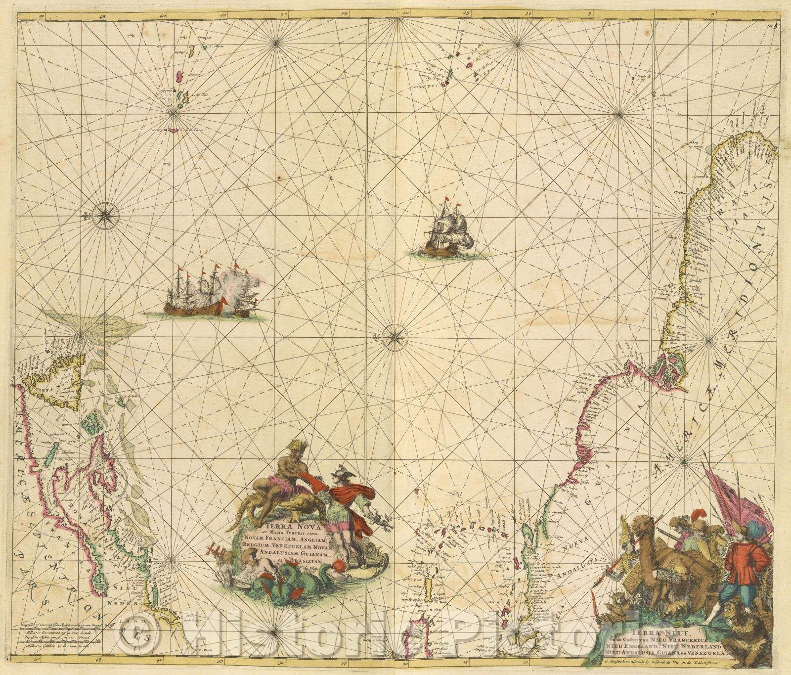 Historic Map : Terra Nova ac Maris Tractus circa Novam Franciam, Angliam, Belgium, Venezuelam Novam and Alusiam, Guianam, et Brasiliam. F. de Wit., 1680 , Vintage Wall Art