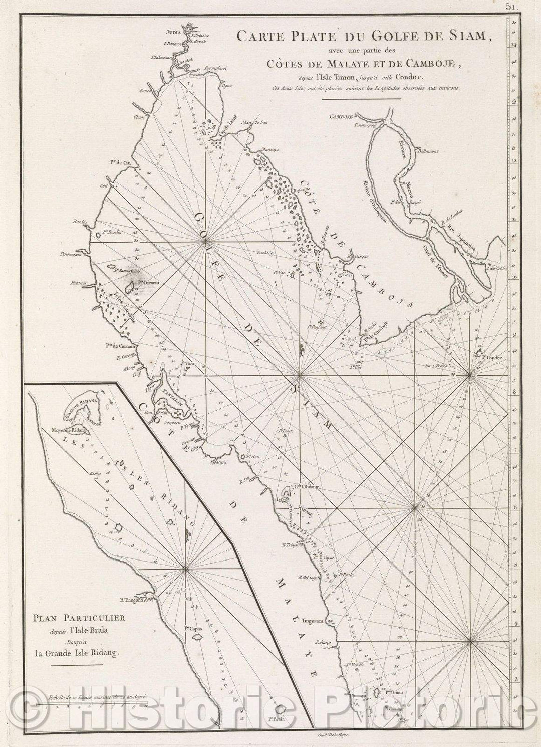 Historic Map : Carte plate du Golfe de Siam, avec une partie des cotes de Malaye et de Camboje, depuis l'Isle Timon, jusqu'a celle Condor. Ces deux Isles ont ete, 1775 , Vintage Wall Art