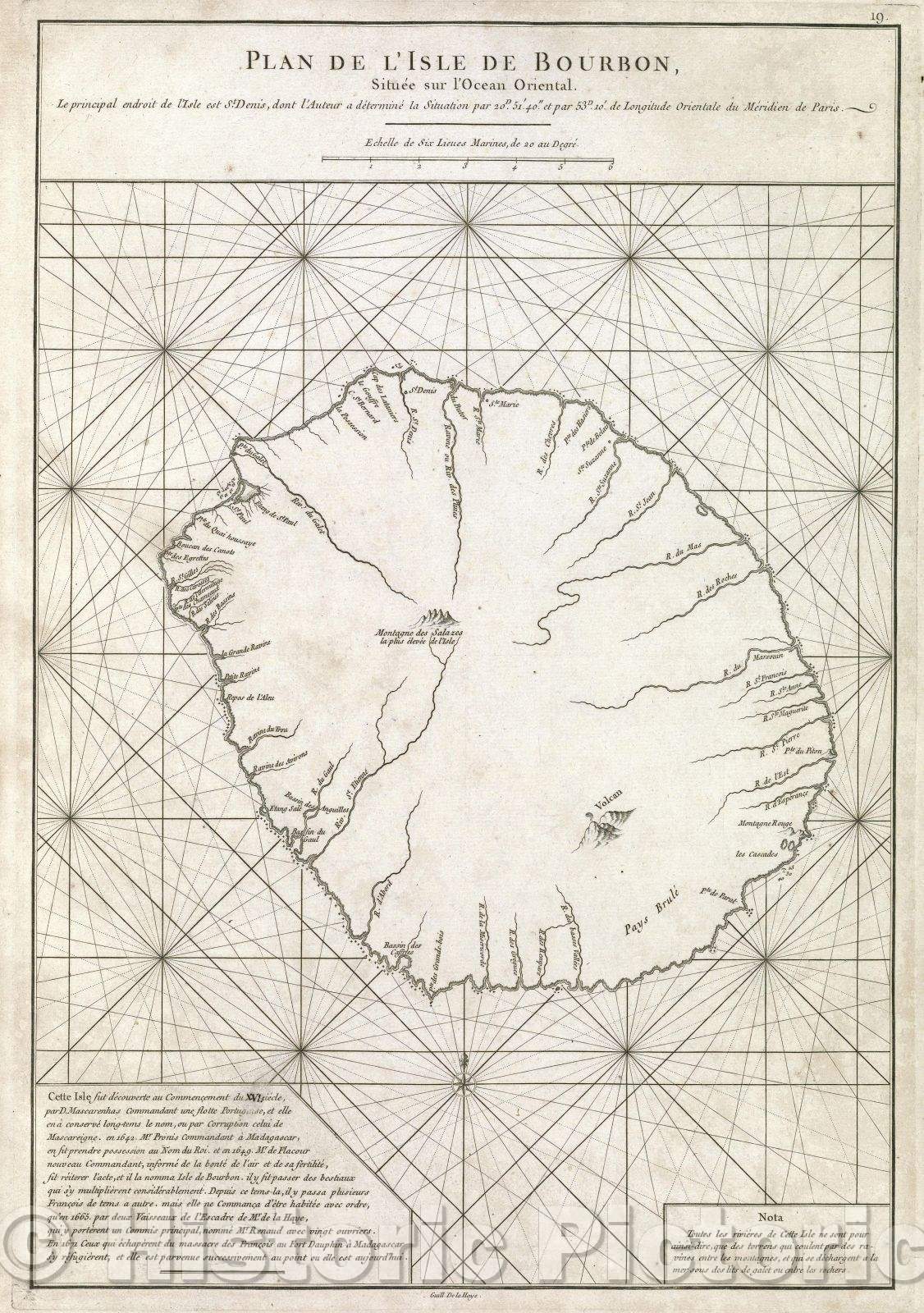 Historic Map : Plan de l'Isle de Bourbon, situee sur l'Ocean Oriental. Le principal endroit de l'Isle est St. Denis, dont l'Auteur a determine la situation par..., 1775 , Vintage Wall Art