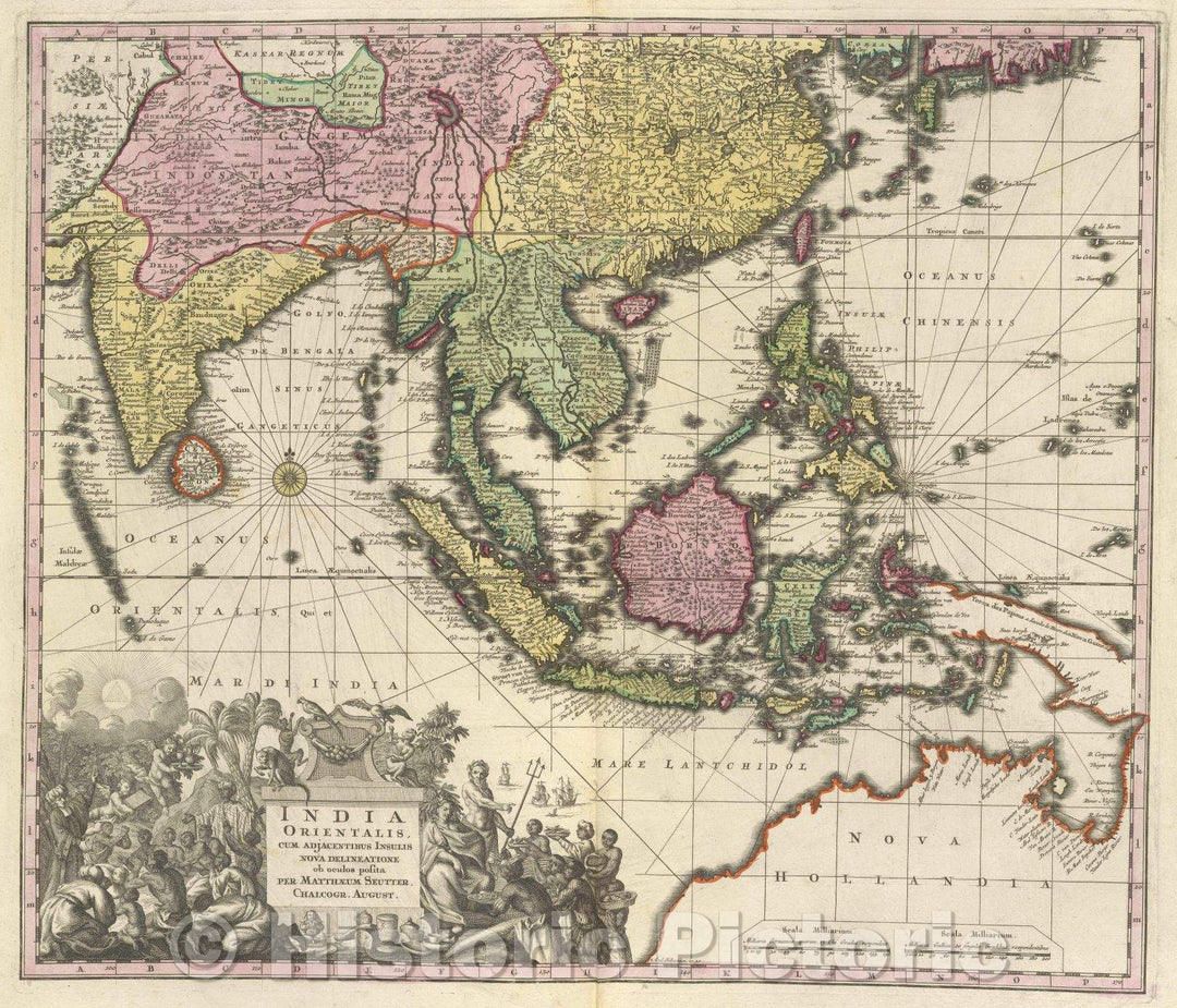 Historic Map : India orientalis, cum adjacentibus insulis nova delineatione ob oculos prosita per Matthaeum Seutter. Chalcogr. August., 1741 , Vintage Wall Art