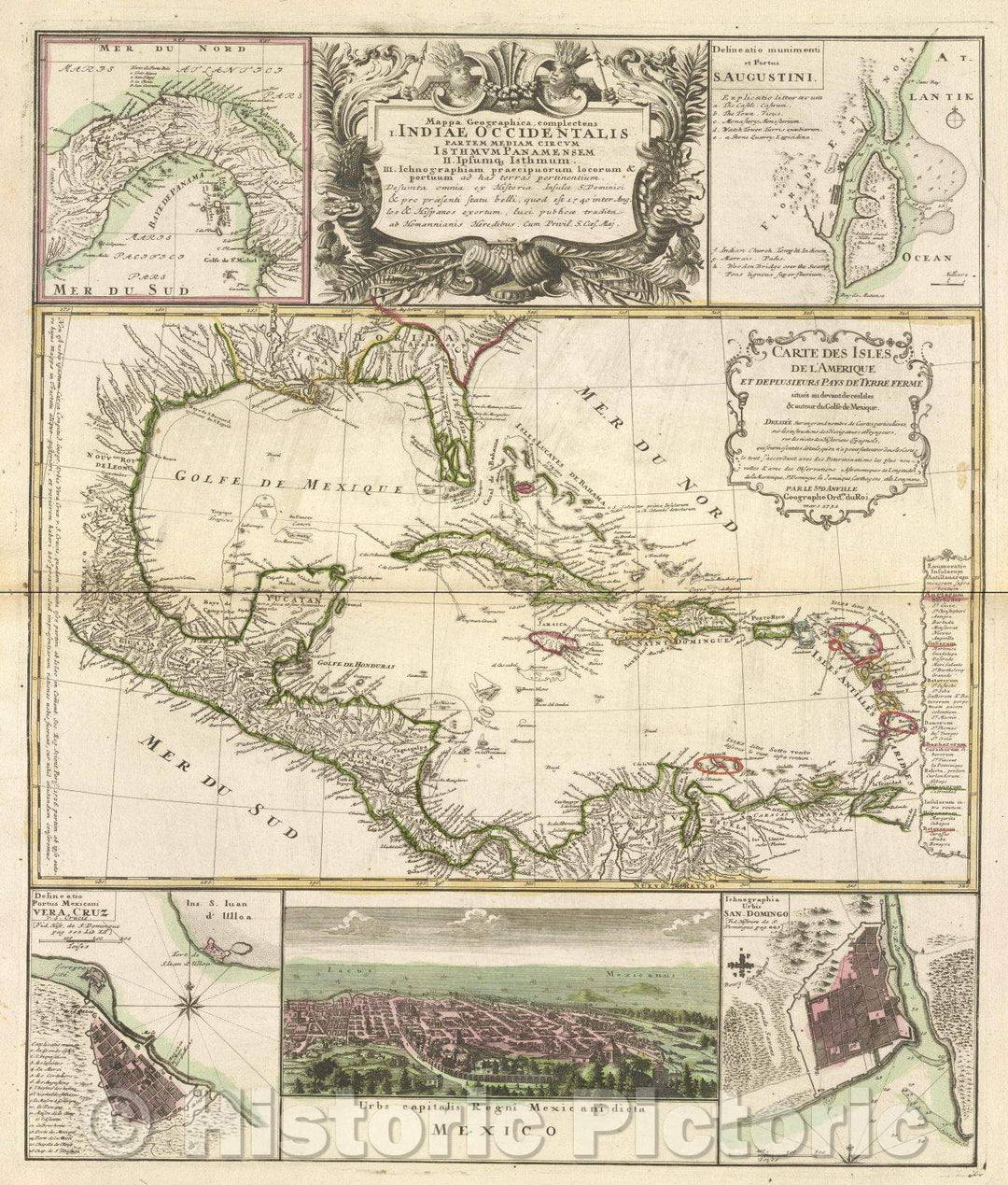 Historic Map : Mappa geographica, complectens I. Indiae Occidentalis partem mediam circum Isthmum Panamensem II. Ipsumque Isthmum. III. Ichnographiam praecipuorum, 1740 , Vintage Wall Art