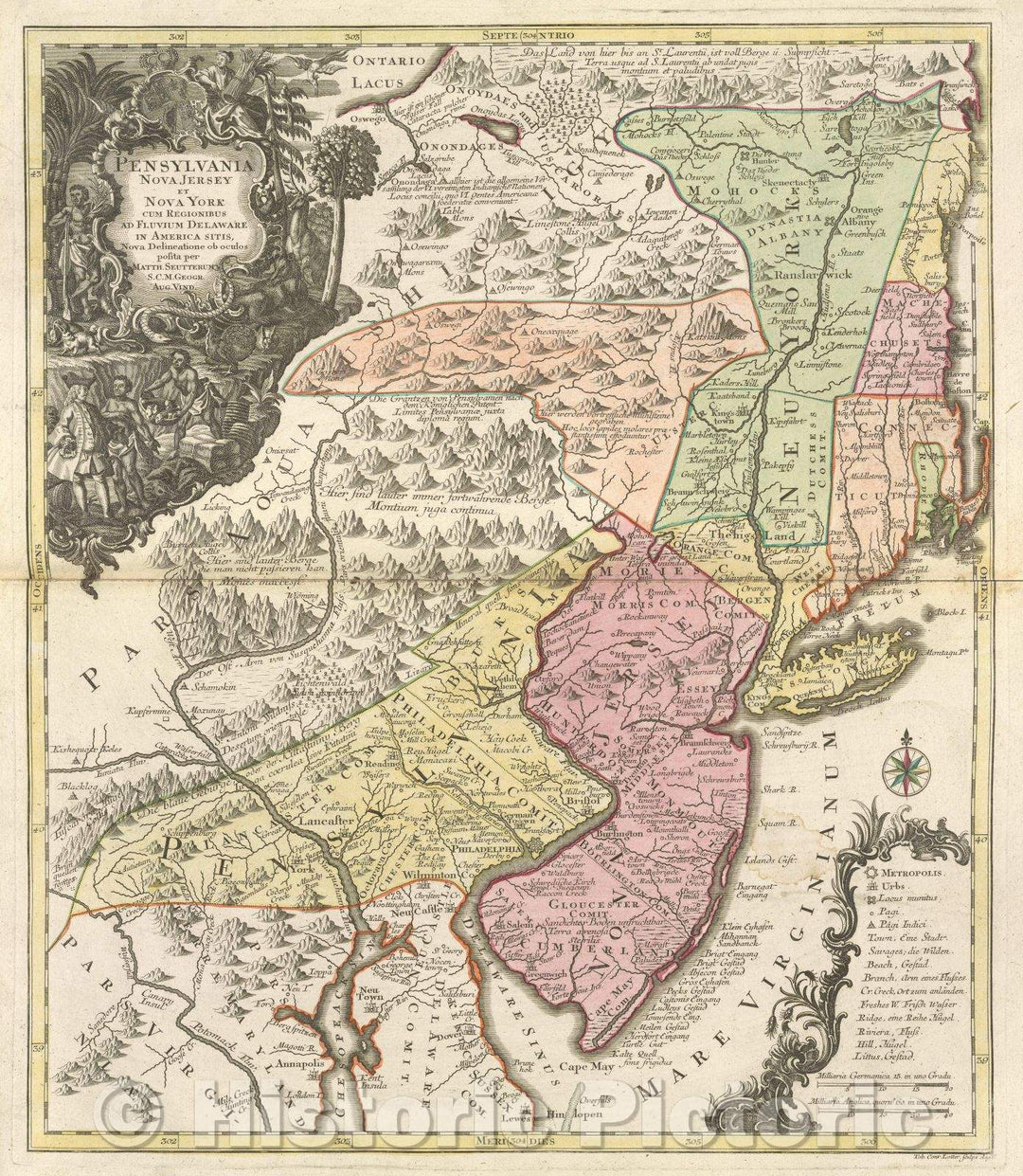 Historic Map : Pensylvania Nova Jersey et Nova York cum regionibus ad fluvium Delaware in America sitis, 1700 , Vintage Wall Art