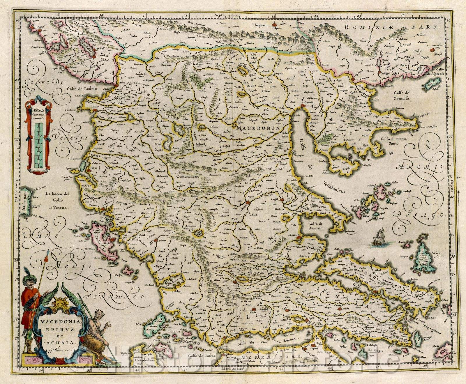 Historic Map : Macedonia, Epirus et Achaia. G. Blaeu exec., c. 1664 , Vintage Wall Art