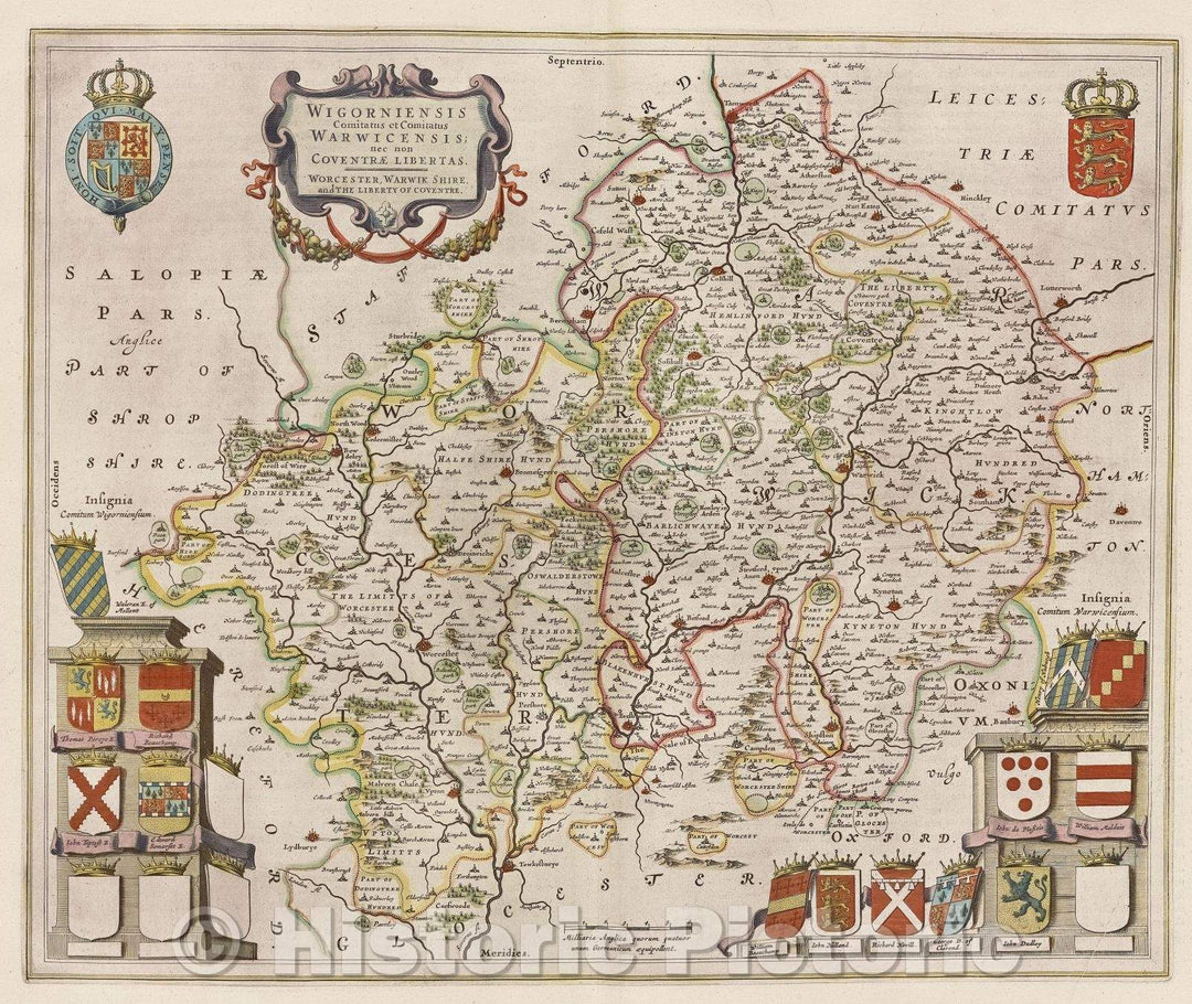 Historic Map : Wigorniensis comitatus et comitatus Warwicensis; nec non Coventrae Libertas. Worcester, Warwikshire. and the liberty of Coventre., c. 1664 , Vintage Wall Art