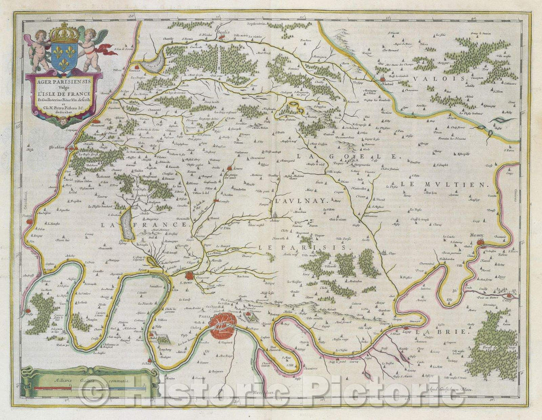 Historic Map : Ager Parisiensis vulgo l'Isle de France. Fr. Guilloterius Bitur. Viu. describ. et CL.V. Petro Pithaeo I.C. dedicabat., c. 1664 , Vintage Wall Art