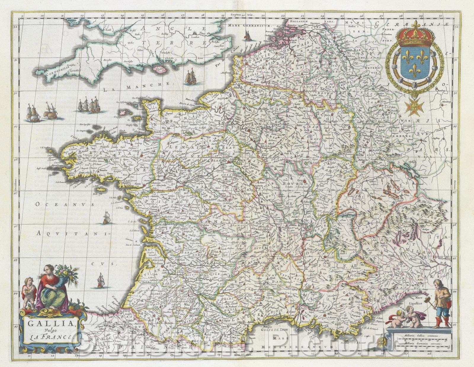 Historic Map : Gallia, vulgo la France., c. 1664 , Vintage Wall Art