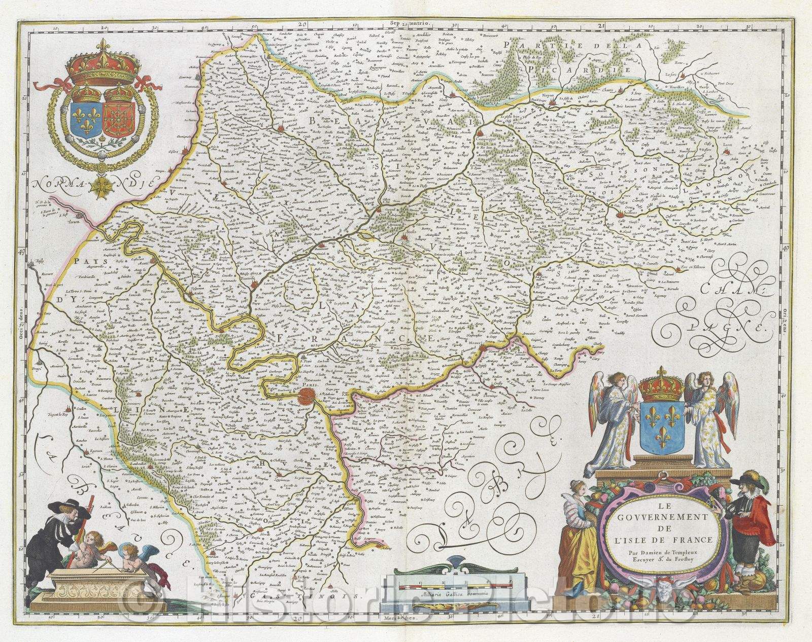 Historic Map : Le Gouvernement de l'Isle de France par Damien de Templeux Escuyer Sr. du Frestoy, c. 1664 , Vintage Wall Art