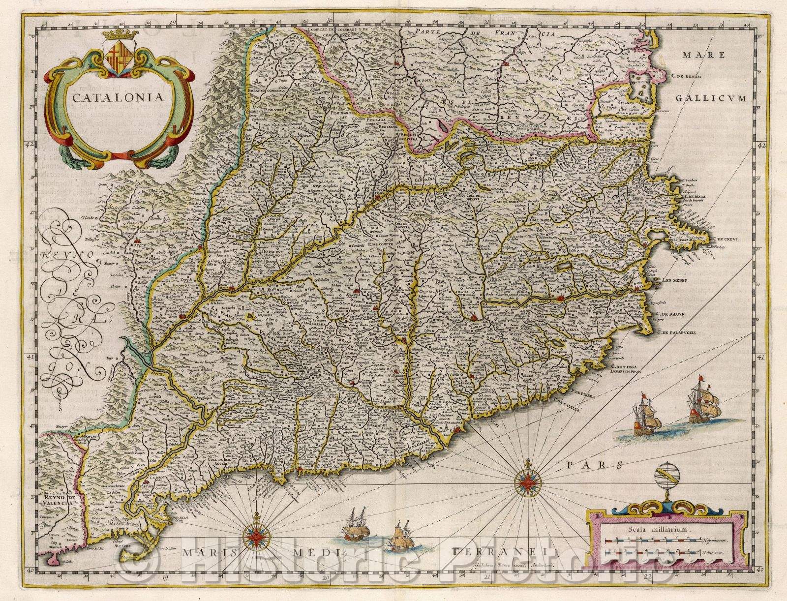 Historic Map : Catalonia, c. 1664 , Vintage Wall Art