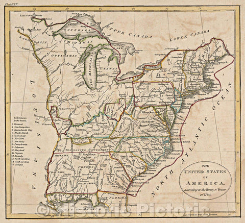 Historic Map : The United States of America according to the Treaty of Peace of 1784, c. 1808 , Vintage Wall Art