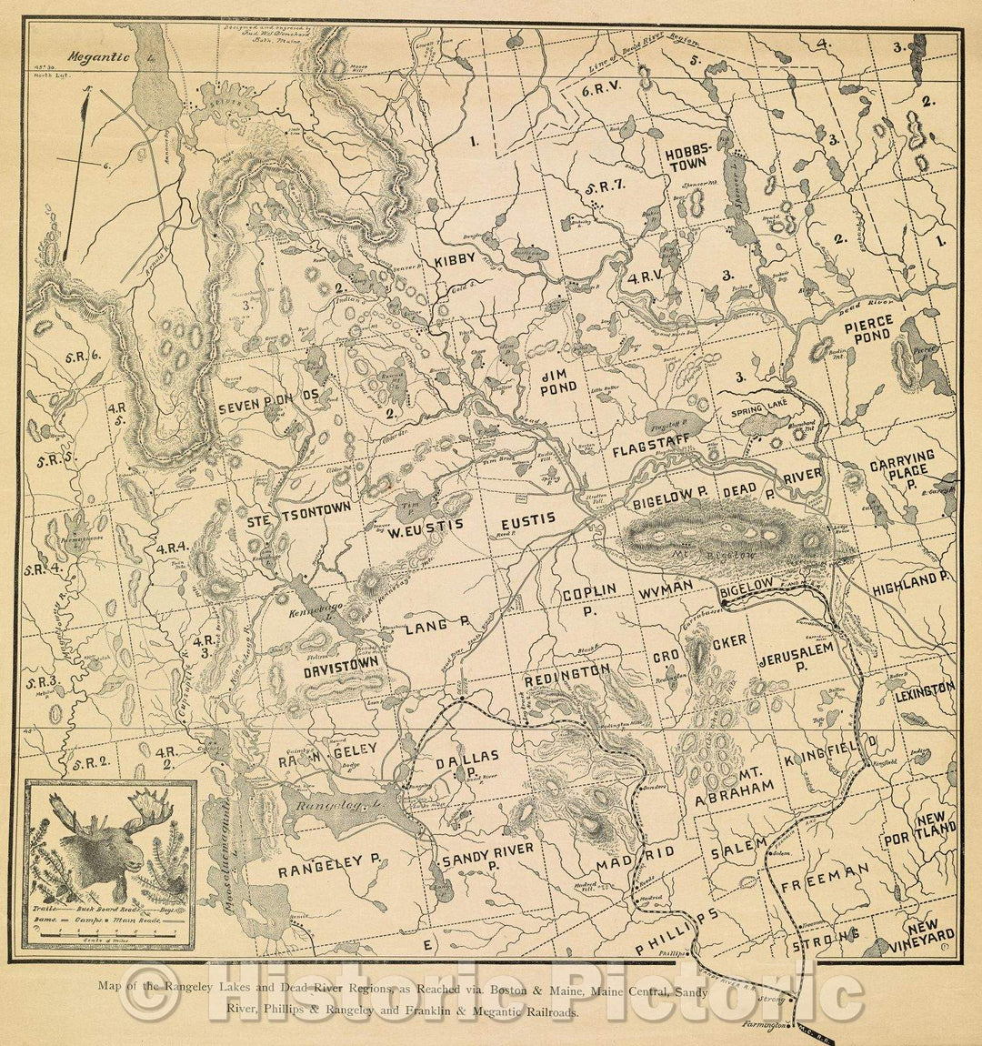 Historic Map : Map of the Rangeley Lakes and Dead River Regions, as Reached via. Boston and Maine, Maine Central, Sandy River, c. 1920 , Vintage Wall Art