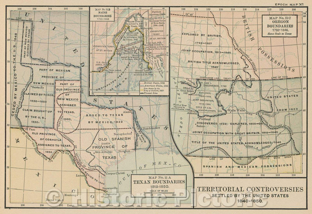 Historic Map : Territorial Controversies Settled by the United States 1840-1850., 1917 , Vintage Wall Art