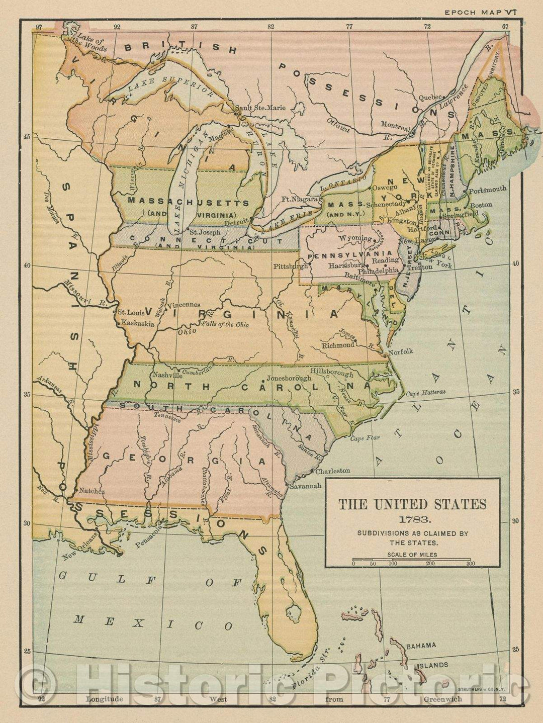 Historic Map : The United States 1783.  Subdivisions as claimed by states., 1917 , Vintage Wall Art