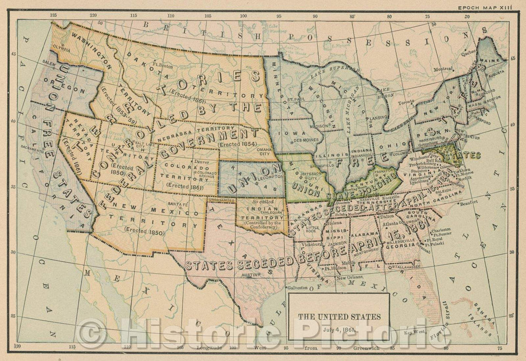 Historic Map : The United States July 4, 1861., 1917 , Vintage Wall Art