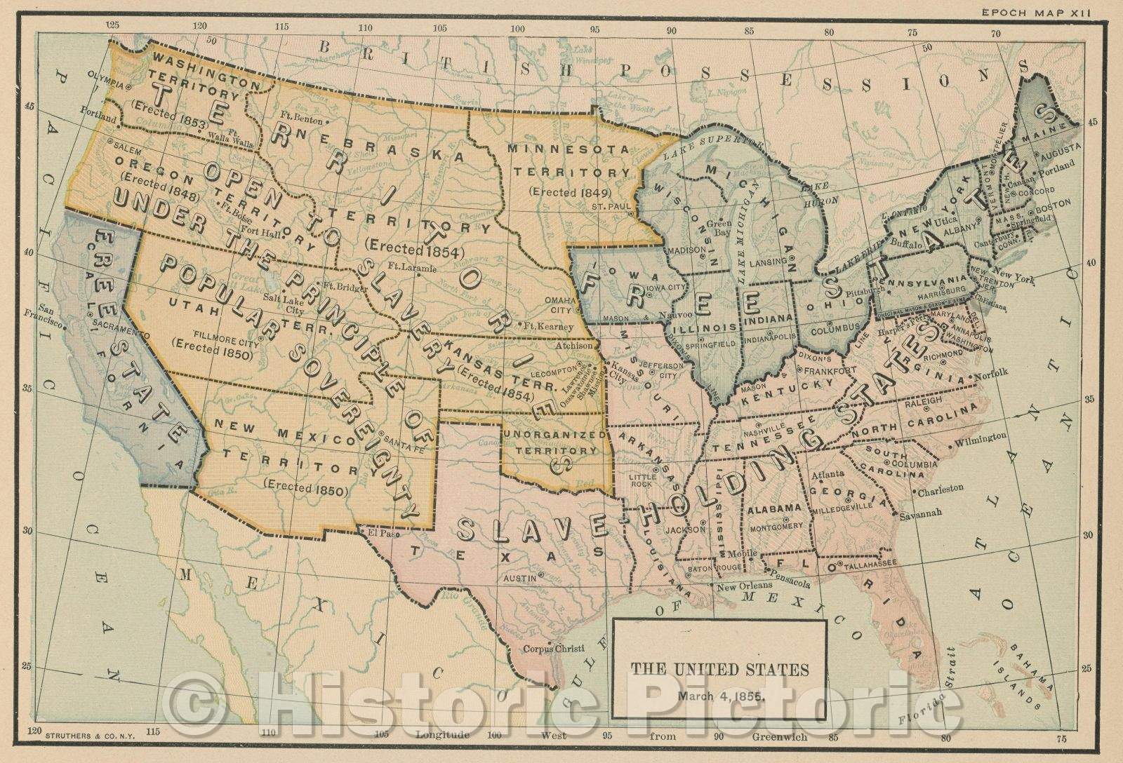 Historic Map : The United States March 4, 1855., 1917 , Vintage Wall Art
