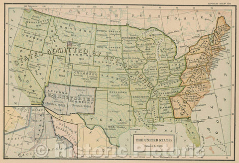 Historic Map : The United States March 4, 1909, 1917 , Vintage Wall Art