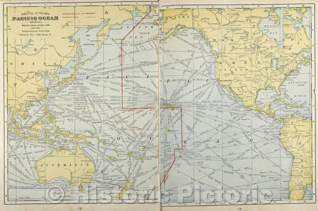 Historic Map : Map of the Pacific Ocean showing distances between principal points and the International Date Line., 1904 , Vintage Wall Art