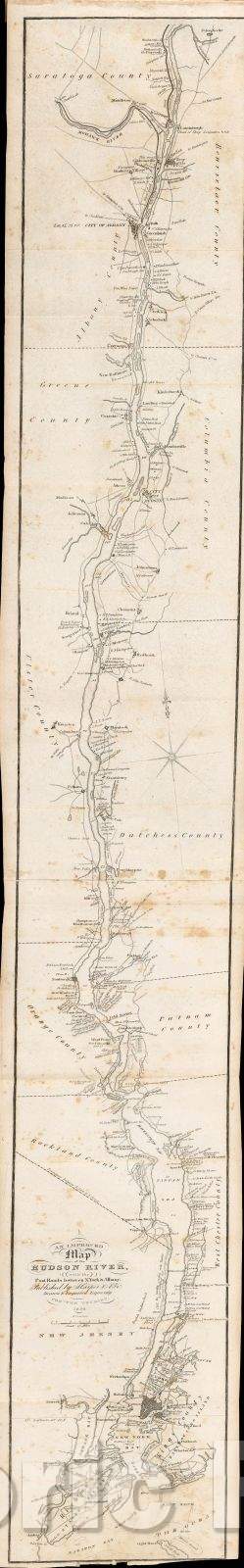 Historic Map : An improved map of the Hudson River, with the post roads between N. York and Albany.  Published by Harper and Br.s., 1834 , Vintage Wall Art