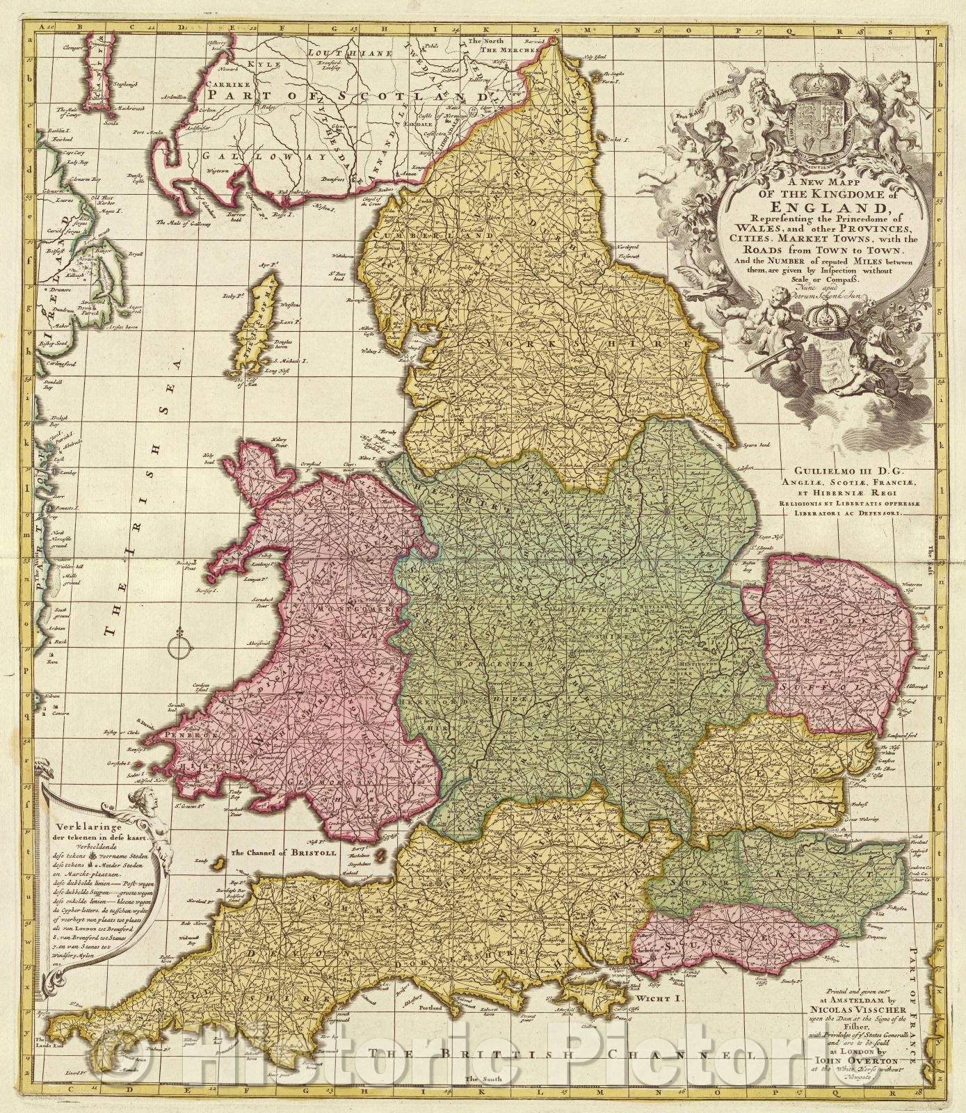 Historic Map : A new mapp of the kingdome of England, representing the princedom of Wales, and other provinces, cities, market towns, c. 1708 , Vintage Wall Art