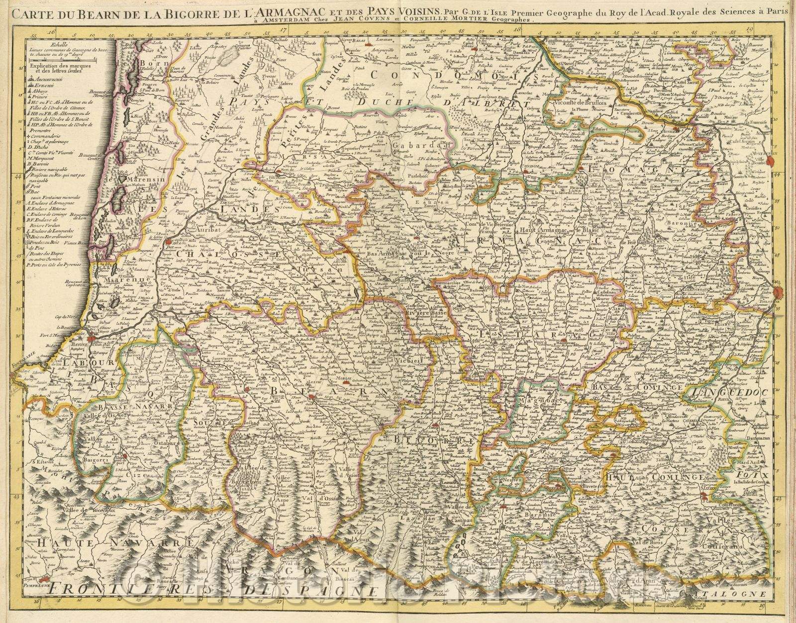 Historic Map : Carte du Bearn, de la Bigorre, de l'Armagnac, et des pays voisins... Map of Bearn, of Bigorre, of Armagnac, and of neighboring country., c. 1708 , Vintage Wall Art