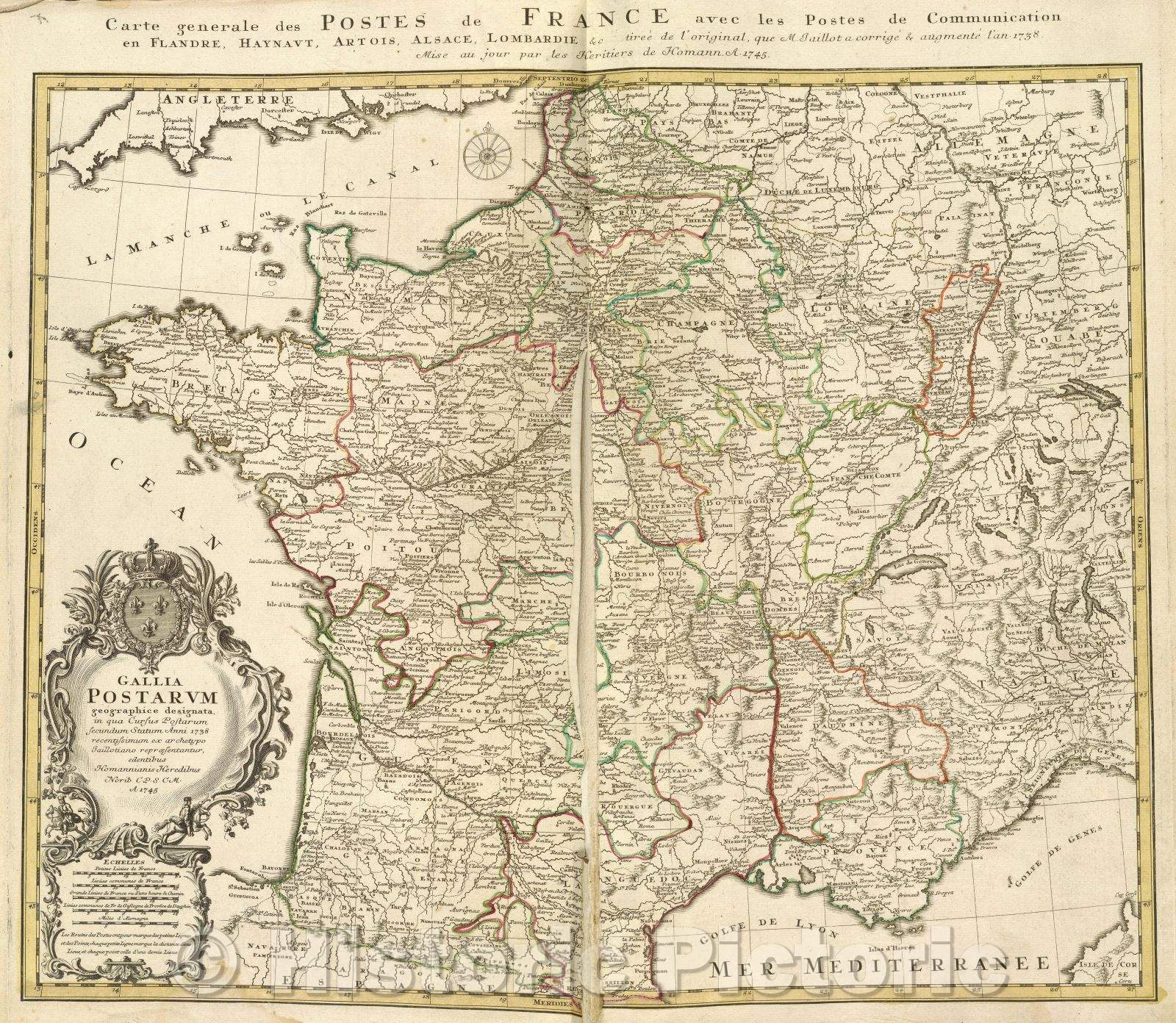 Historic Map : Carte generale des postes de France avec les postes de communication en Flandre, Haynaut, Artois, Alsace, Lombardie, andc, c. 1708 , Vintage Wall Art