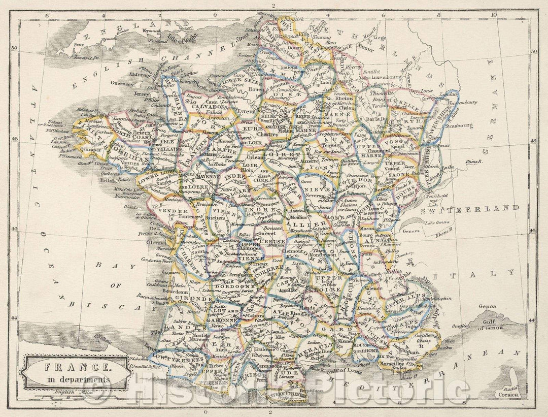 Historic Map : France in Departments, 1858 , Vintage Wall Art