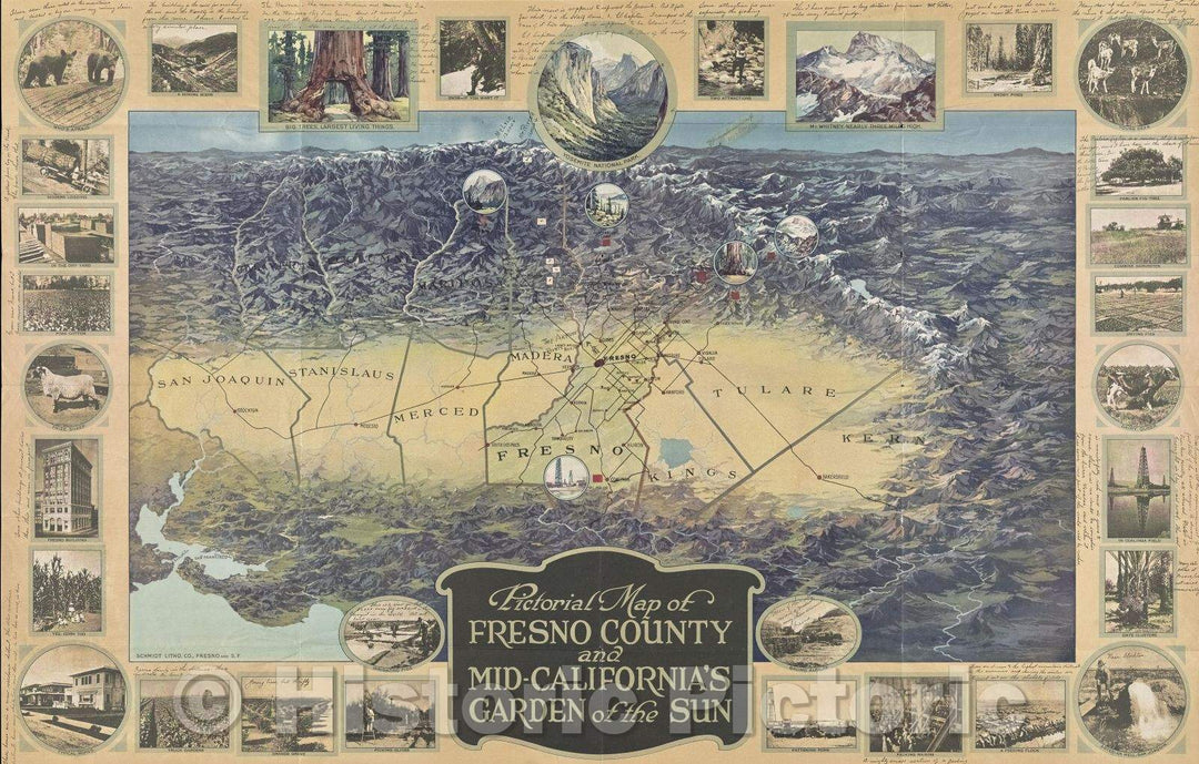 Historic Map : Pictorial Map of Fresno County and Mid-California's Garden of the Sun, c. 1920 , Vintage Wall Art