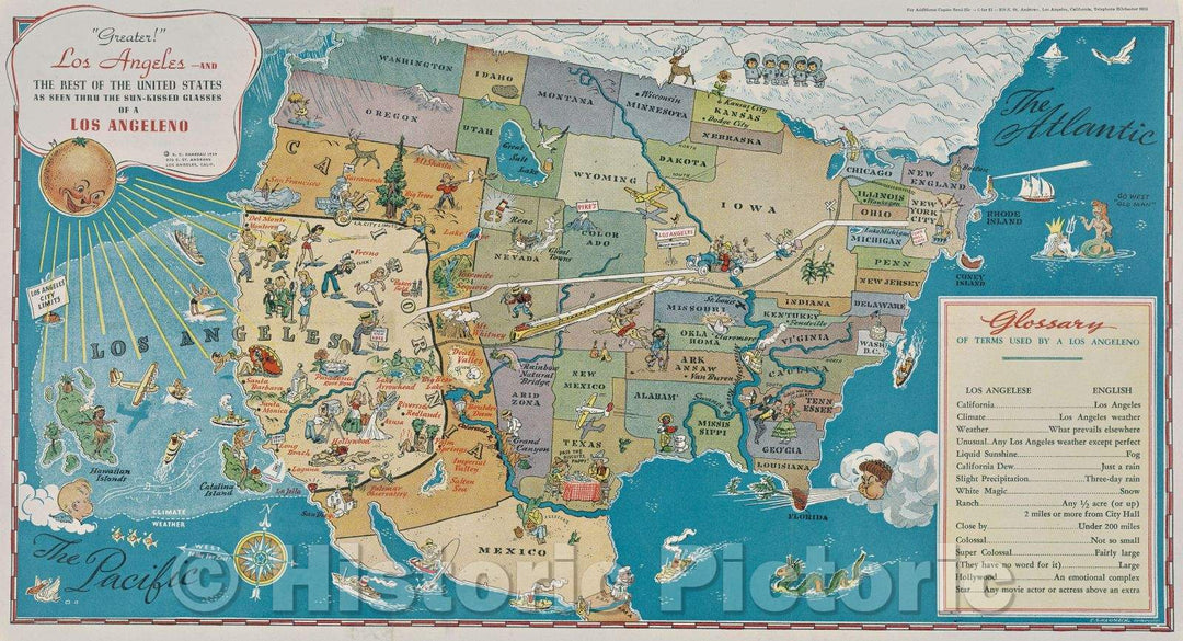 Historic Map : "Greater!" Los Angeles and the Rest of the United States as seen through the Sun-Kissed Glasses of a Los Angeleno, 1939 , Vintage Wall Art