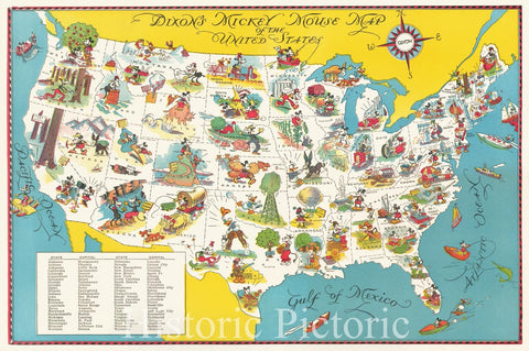 Historic Map : Dixon's Mickey Mouse Map of the United States, Vintage Wall Art