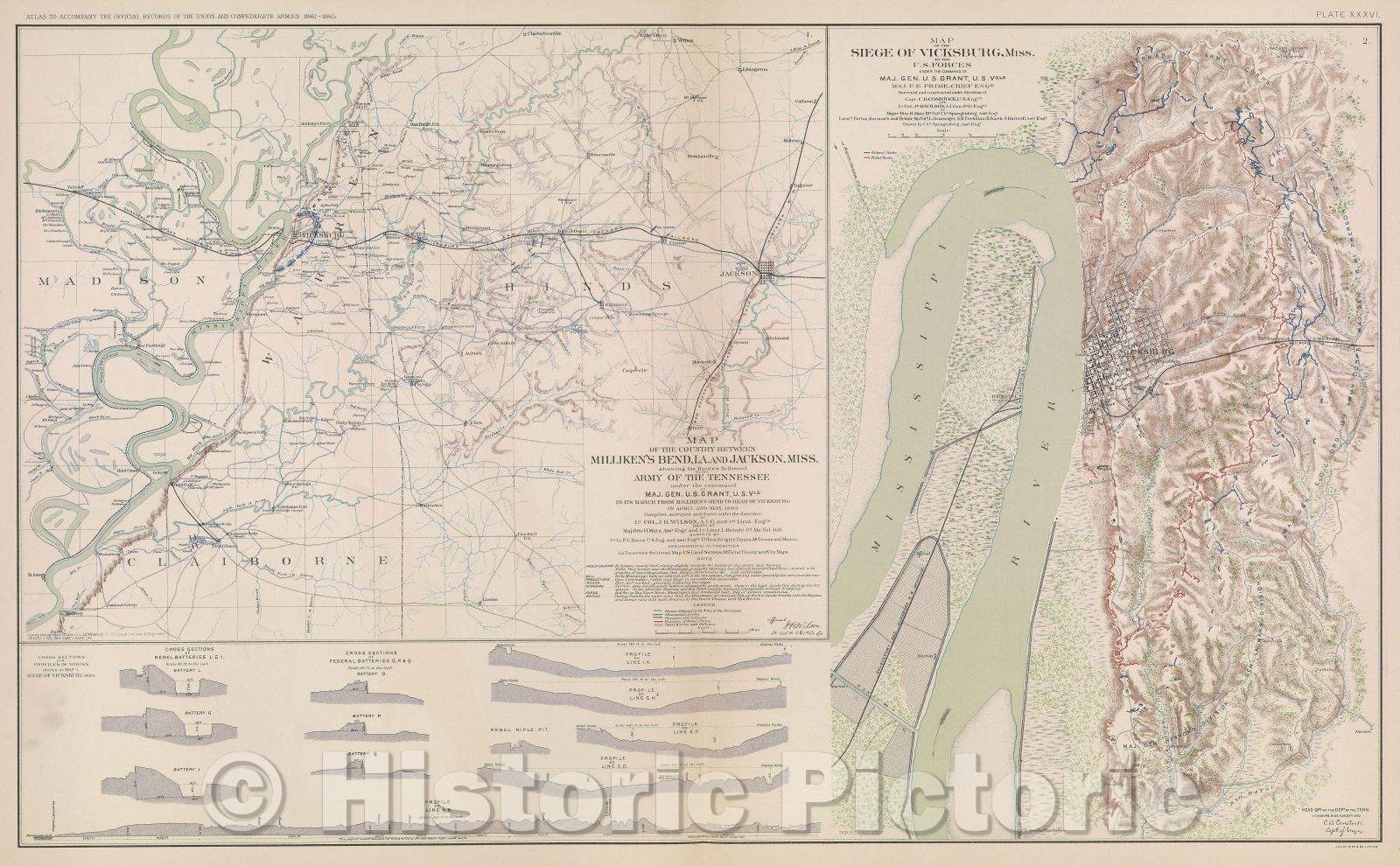 Historic Map : Map of the country between Milliken's Bend, LA. and Jackson, Miss. showing the routes followed by the Army of the Tennessee, 1863 , Vintage Wall Art