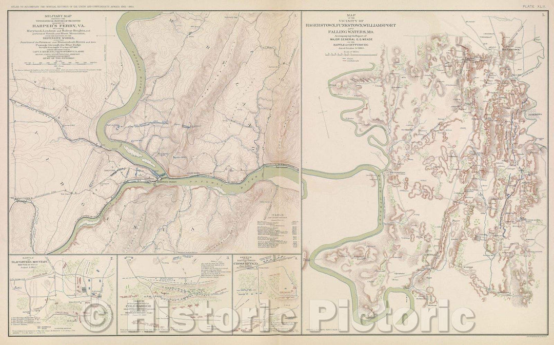 Historic Map : Military map showing the topographical features of the country adjacent to Harper's Ferry, VA. including Maryland, Loudoun and Bolivar Heights, 1863 , Vintage Wall Art