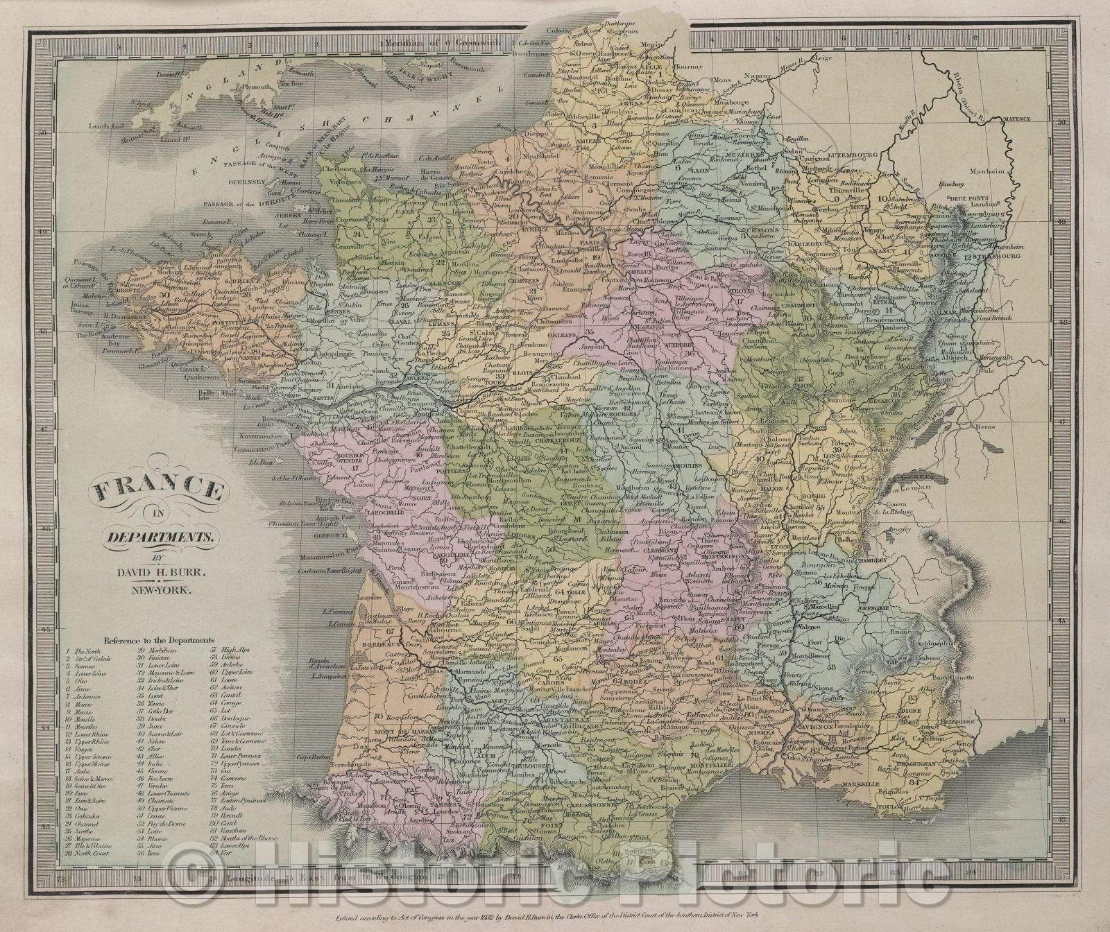 Historic Map : France in departments. By David H. Burr. New-York., 1832 , Vintage Wall Art