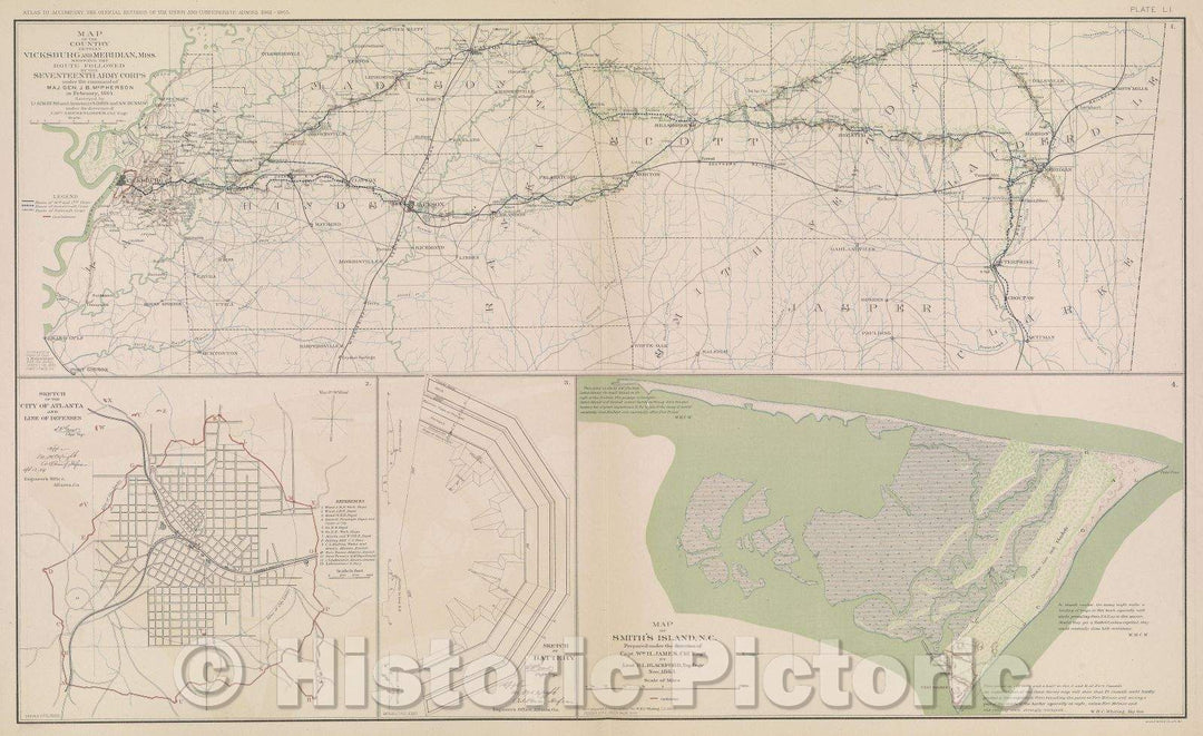 Historic Map : Map of the country between Vicksburg and Meridian, Miss. showing the route followed by the Seventeenth Army Corps, 1864 , Vintage Wall Art