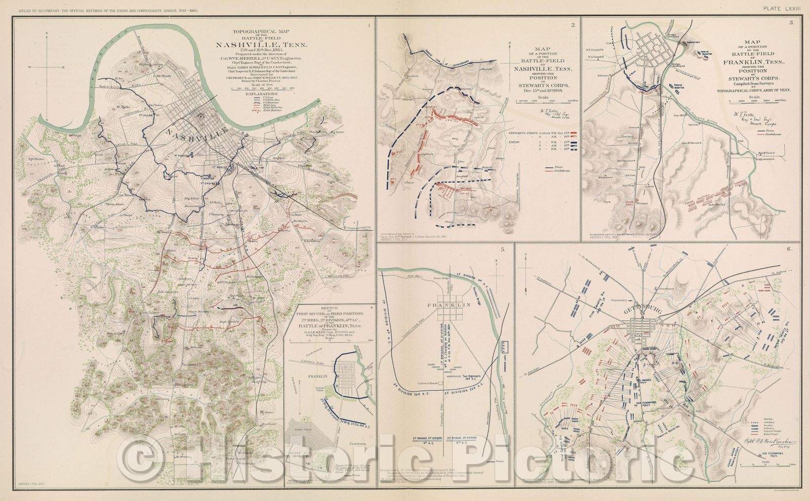 Historic Map : Topographical map of the Battle-Field of Nashville, Tenn. 15th and 16th Dec., 1864., c. 1865 , Vintage Wall Art