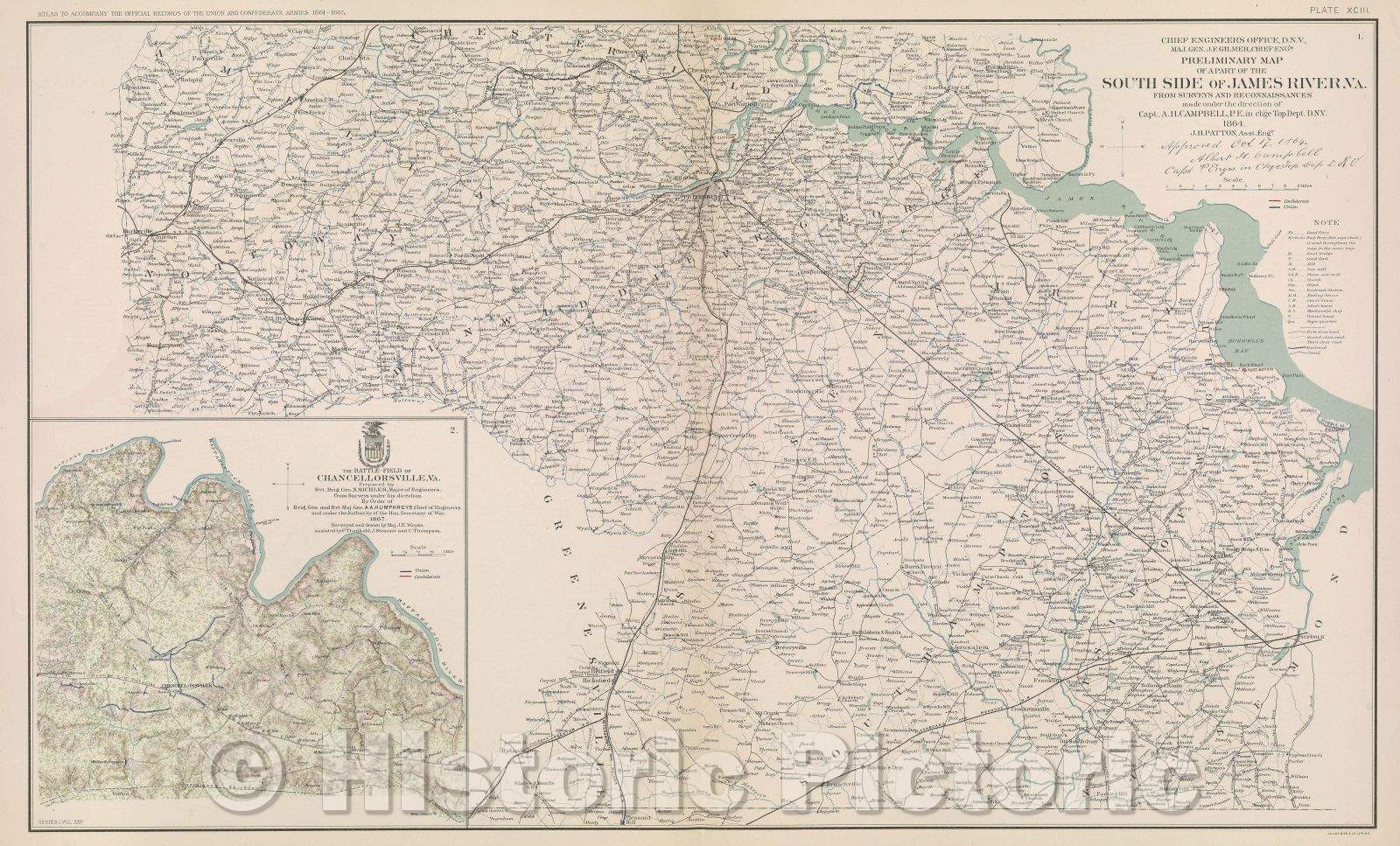 Historic Map : Preliminary map of a part of the South side of James River, VA., 1867 , Vintage Wall Art