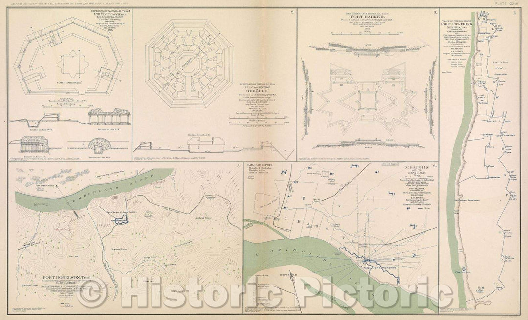 Historic Map : Defenses of Nashville, Tenn.  Fort at Hyde's Ferry.  Built by the 182d Reg. Ohio Vols.  Col. L. Butler, comdg., 1865 , Vintage Wall Art