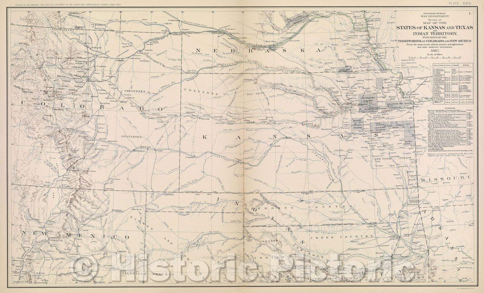 Historic Map : Engineer Bureau War Department.  Section of map of the states of Kansas and Texas and Indian territory, with parts of the territories of Colorado, 1867 , Vintage Wall Art