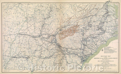 Historic Map : Military map of the marches of the United States forces under command of Maj. Gen. W. T. Sherman, U. S. A. during the years 1863, 1864, 1865., 1865 , Vintage Wall Art
