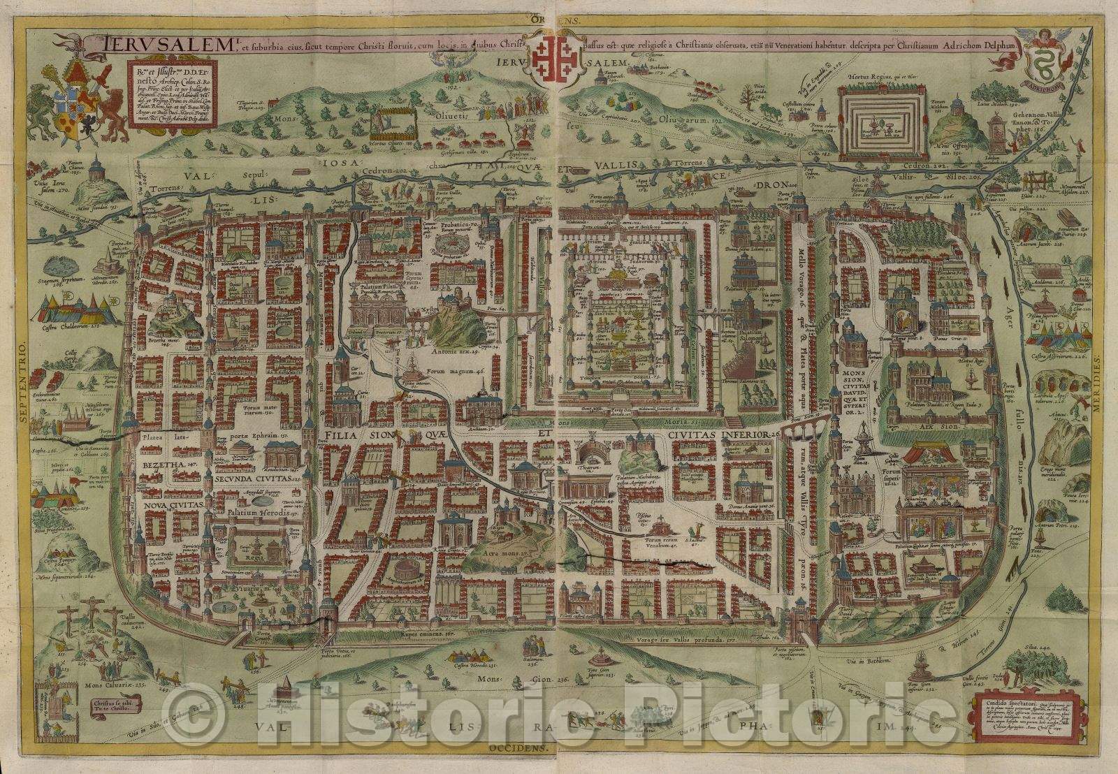 Historic Map : Jerusalem, et suburbia eius, sicut tempore Christi floruit, cum locis in quibus Christ passus est: quae religiose a Christianis obseruata, 1600 , Vintage Wall Art