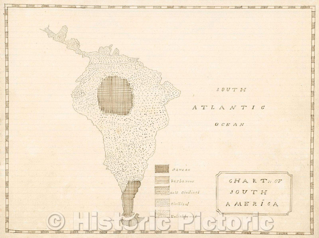 Historic Map : Chart of South America with Regions Coded for either Savage, Barbarous, Half-Civilized, Civilized, or Enlightened, 1830 , Vintage Wall Art