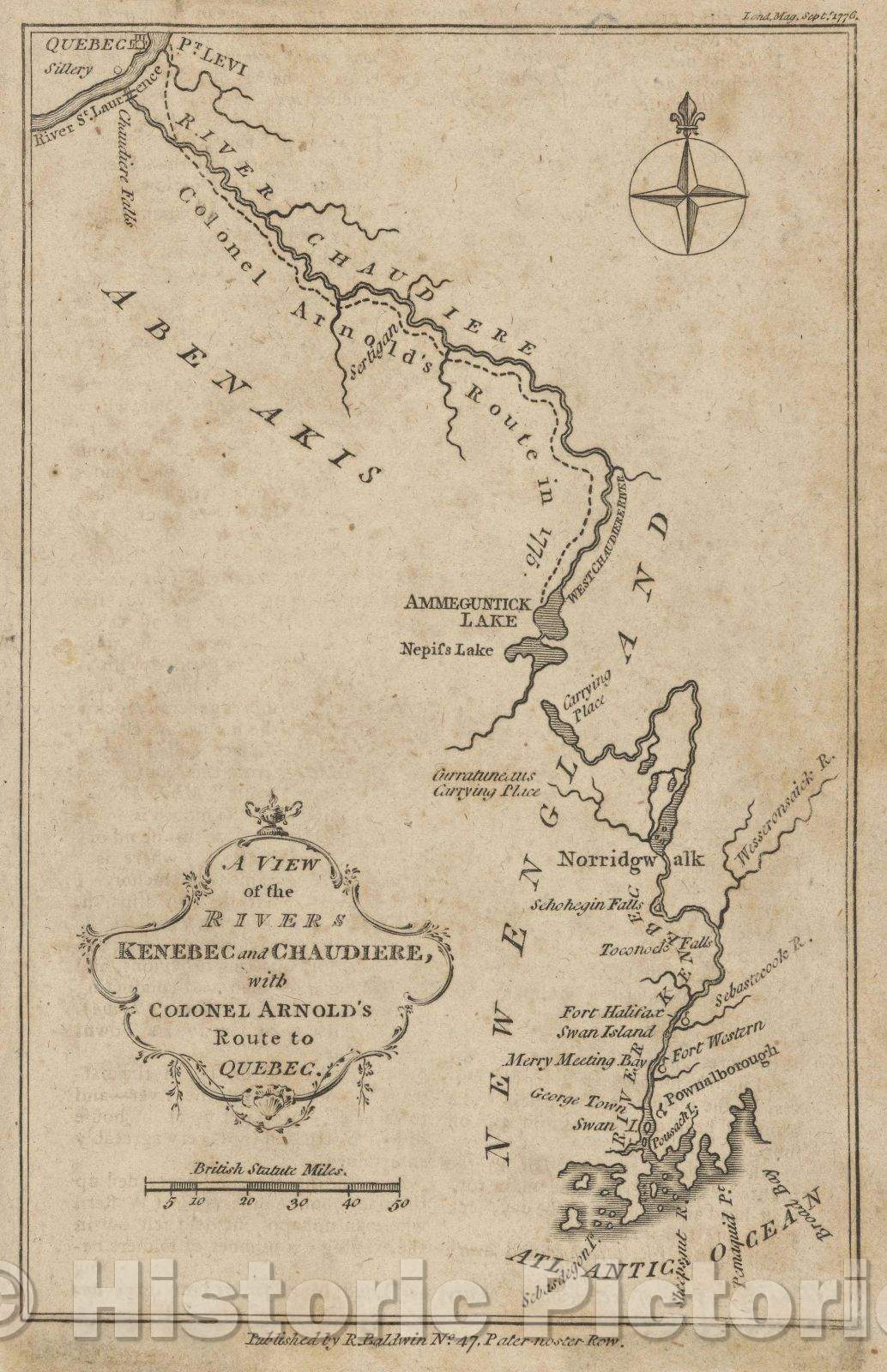 Historic Map : A View of the Rivers Kenebec and Chaudiere, with Colonel Arnold's Route to Quebec., 1776 , Vintage Wall Art