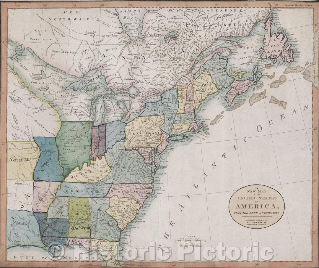 Historic Map : A New Map of the United States of America, from the best authorities., 1814 , Vintage Wall Art