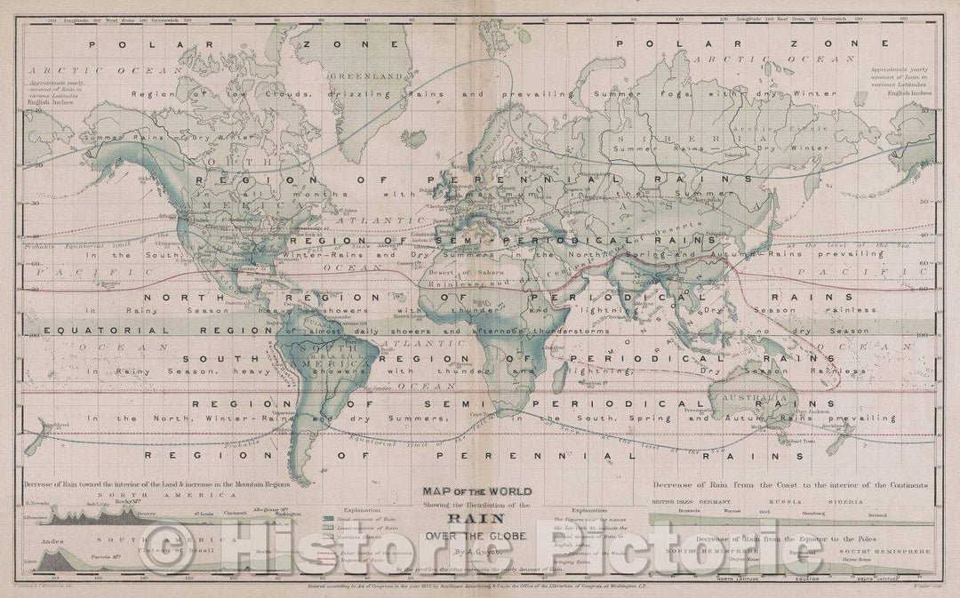 Historic Map : Map of the World Showing the Distribution of the Rain Over the Globe by A. Guyot, 1872 , Vintage Wall Art