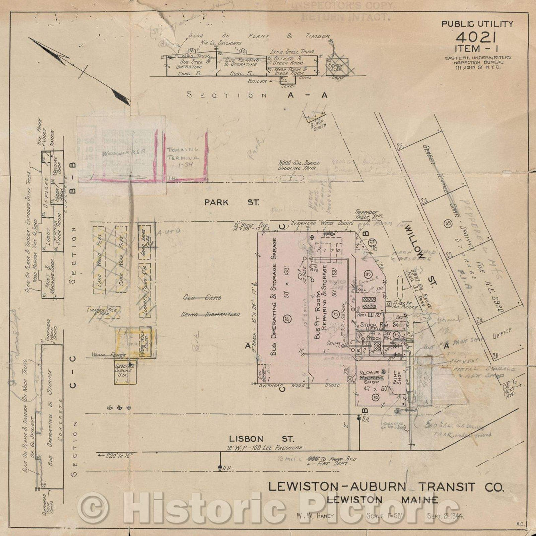 Historic Map : Lewiston-Auburn Transit Co., 1944 , Vintage Wall Art