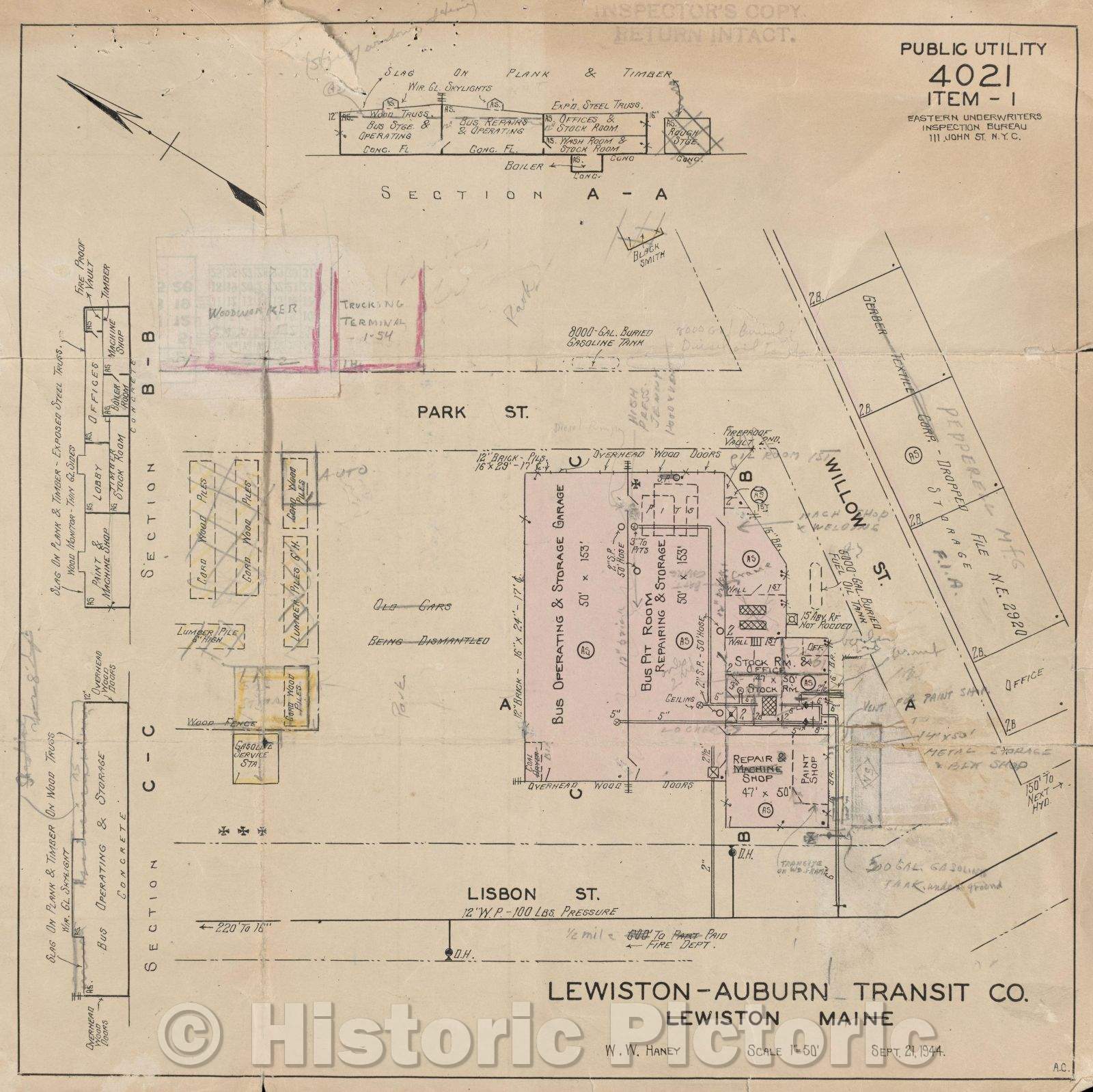 Historic Map : Lewiston-Auburn Transit Co., 1944 , Vintage Wall Art