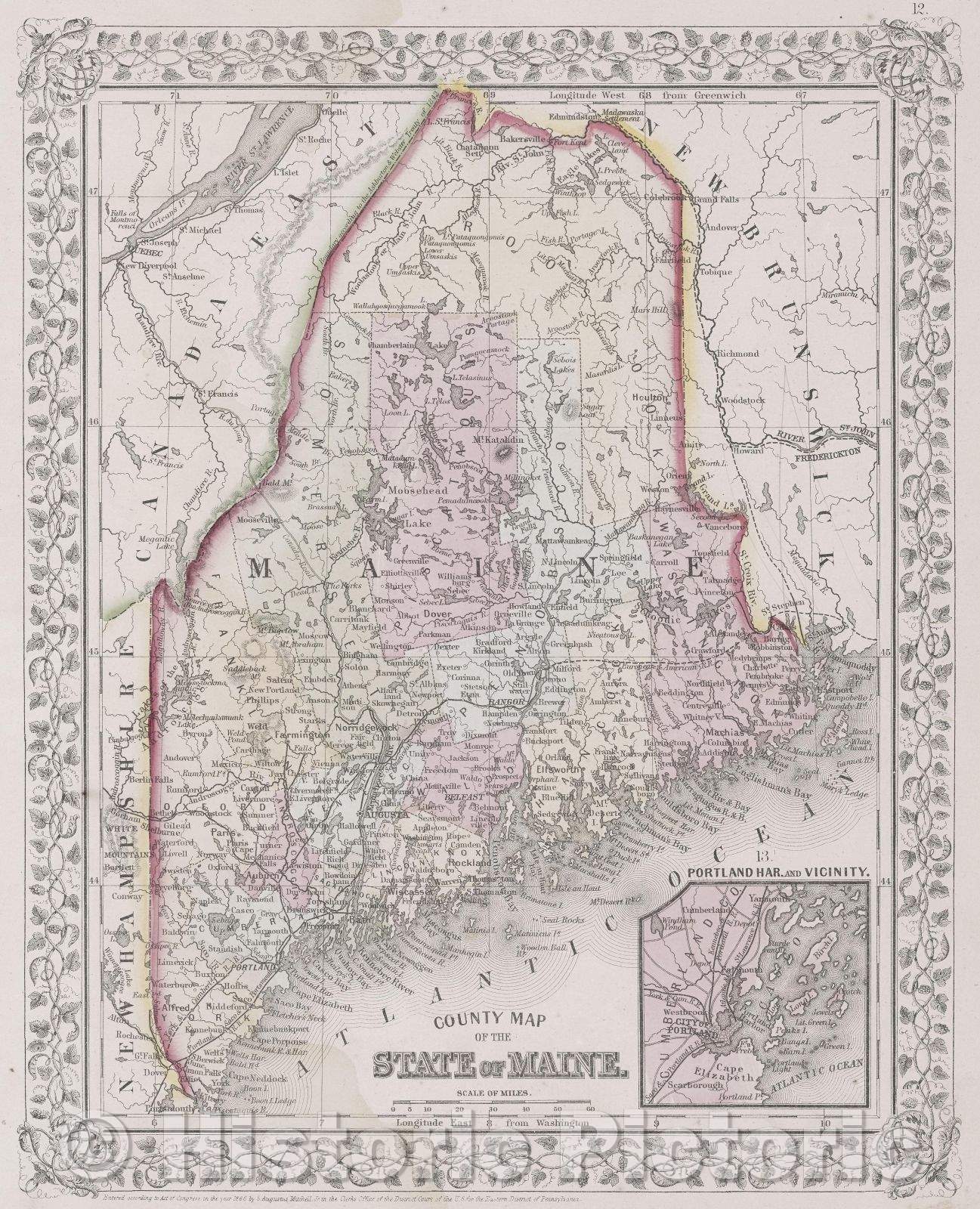 Historic Map : County Map of the State of Maine., 1866 , Vintage Wall Art