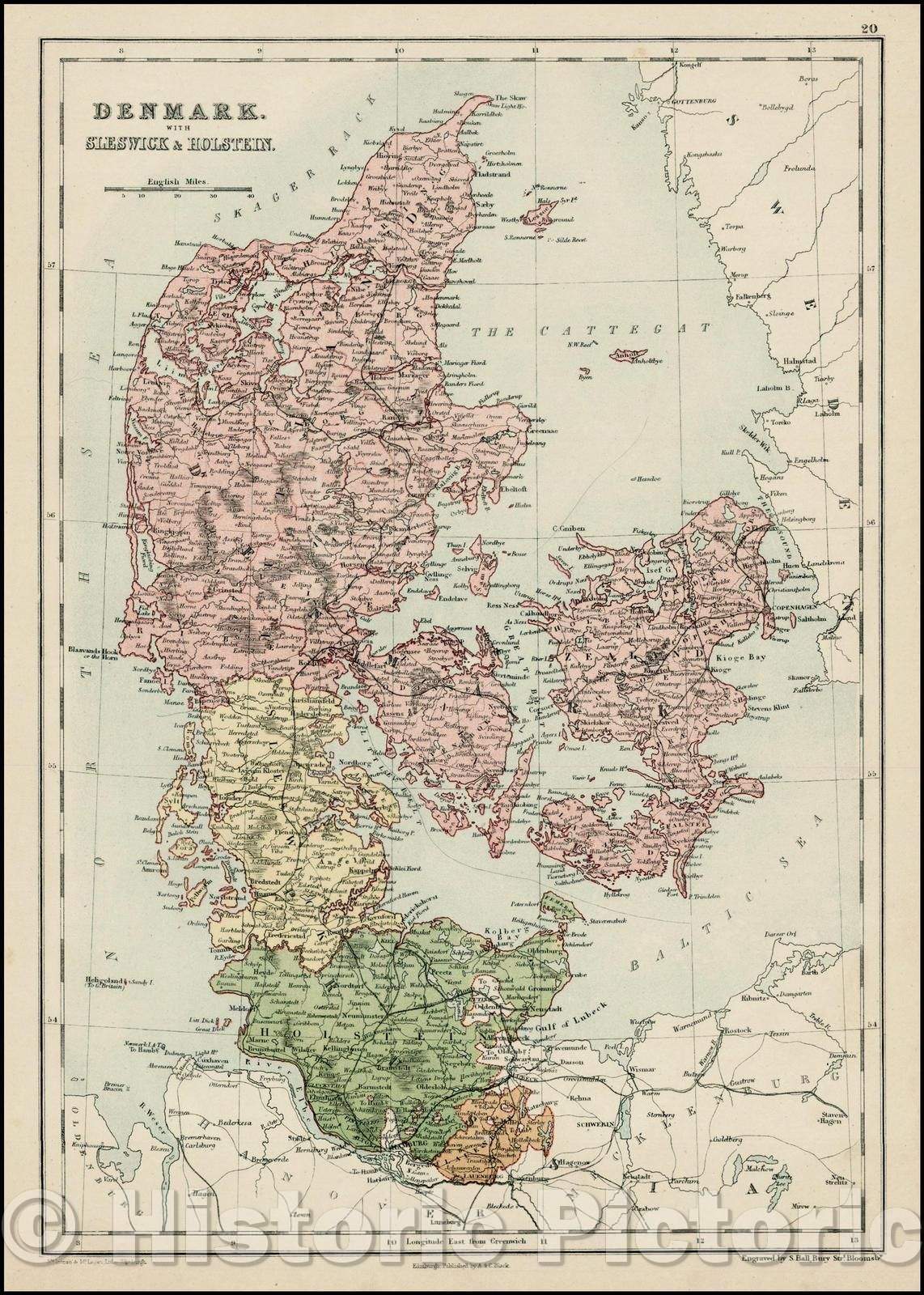 Historic Map - Denmark, with Sleswick and Holstein, 1879, Adam & Charles Black - Vintage Wall Art