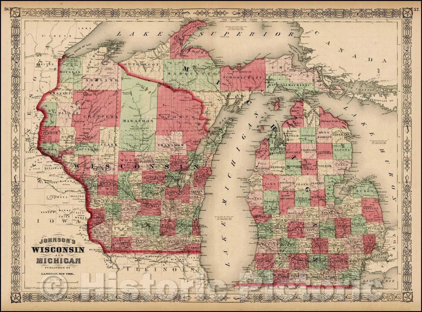 Historic Map - Johnson's Michigan and Wisconsin, 1864, Benjamin Ward - Vintage Wall Art