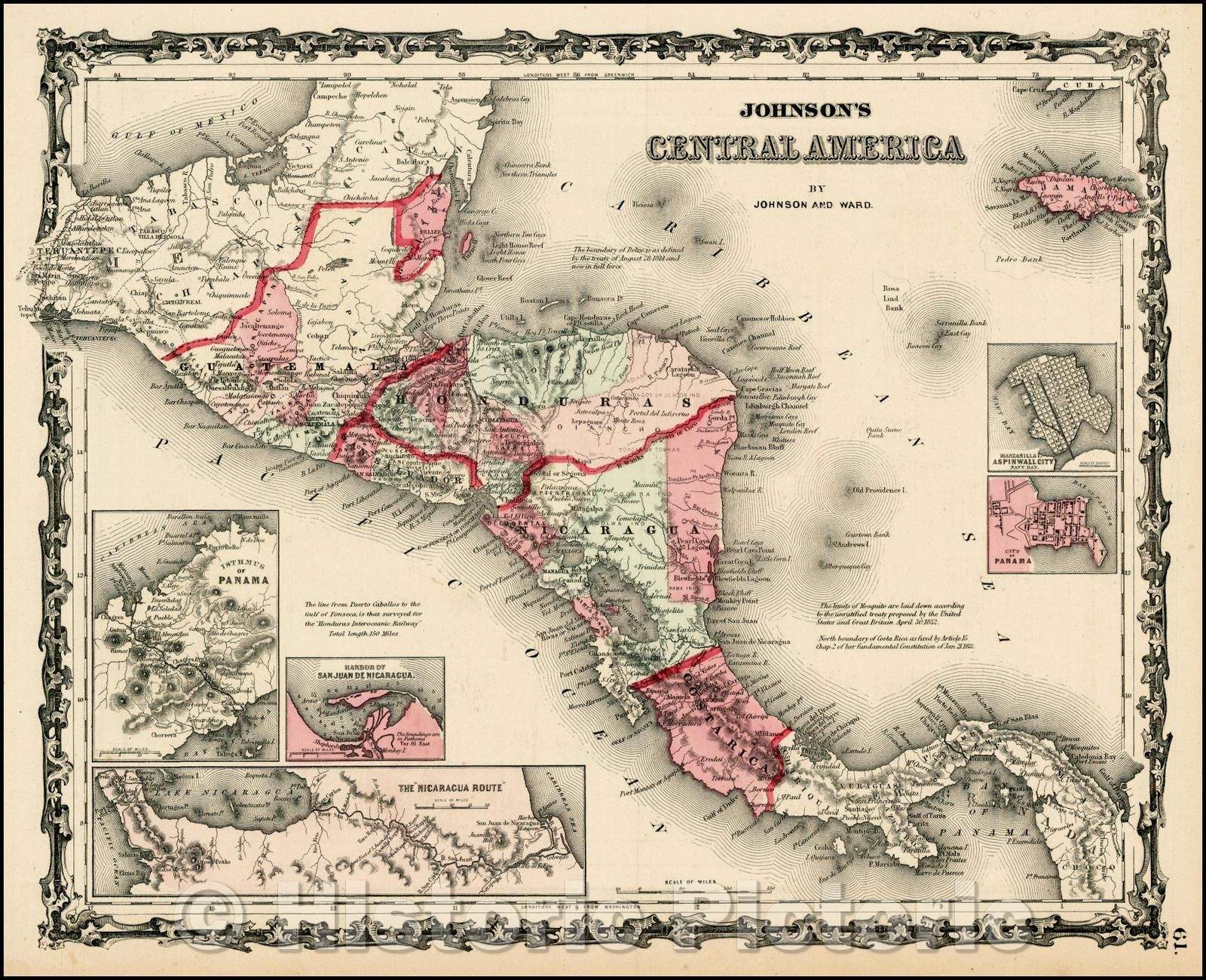 Historic Map - Johnson's Central America, 1865, Benjamin Ward - Vintage Wall Art