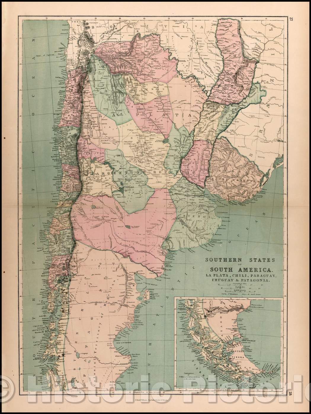 Historic Map - Southern States of South America. La Plata, Chili, Paraguay, Uruguay & Patagonia, 1873, J. David Williams - Vintage Wall Art