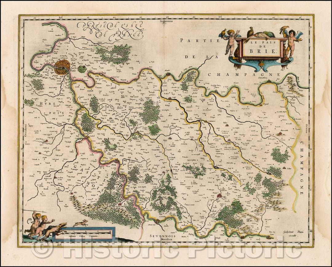 Historic Map - Le Pais De Brie [shows Paris] / Map of Brie, showing Paris in the northwest, Seine and the Marne, 1640, Willem Janszoon Blaeu - Vintage Wall Art